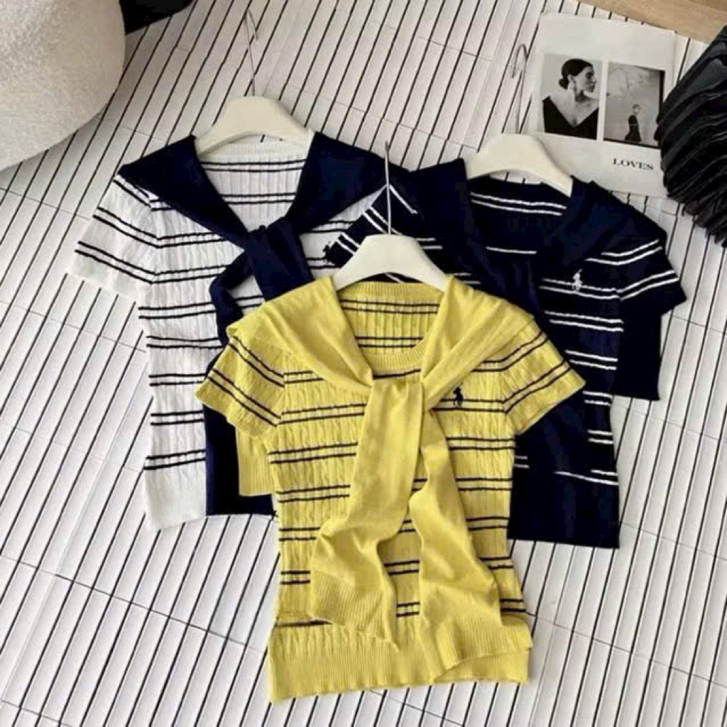 JANG STORE áo len kẻ ngang cổ tròn tay cộc kèm khăn rời hàng quảng châu A173 jang store