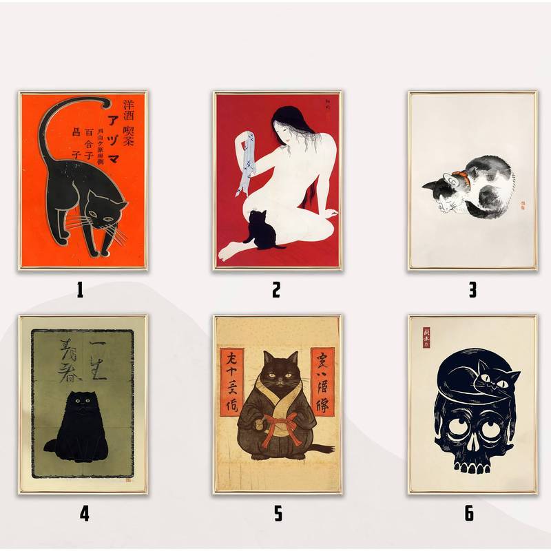 Bộ nghệ thuật treo tường mèo & hổ cổ điển, Nhật Bản - Ukiyo ❈ & Tranh cổ điển In vải không khung Tra