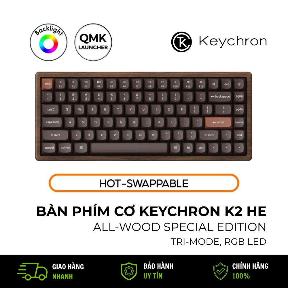 Bàn phím cơ Keychron K2 HE All-Wood Edition Wireless Hot-swappable RGB Backlight Nebula Switch
