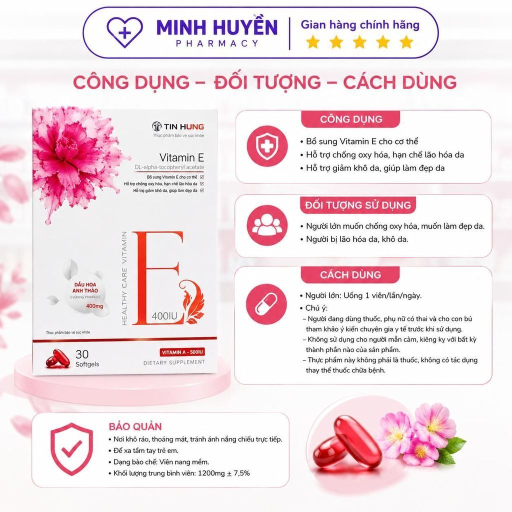 Vitamin E 400IU Dầu Hoa Anh Thảo Hỗ Trợ Làm Đẹp Da Giảm Khô Da Chống Oxy Hóa