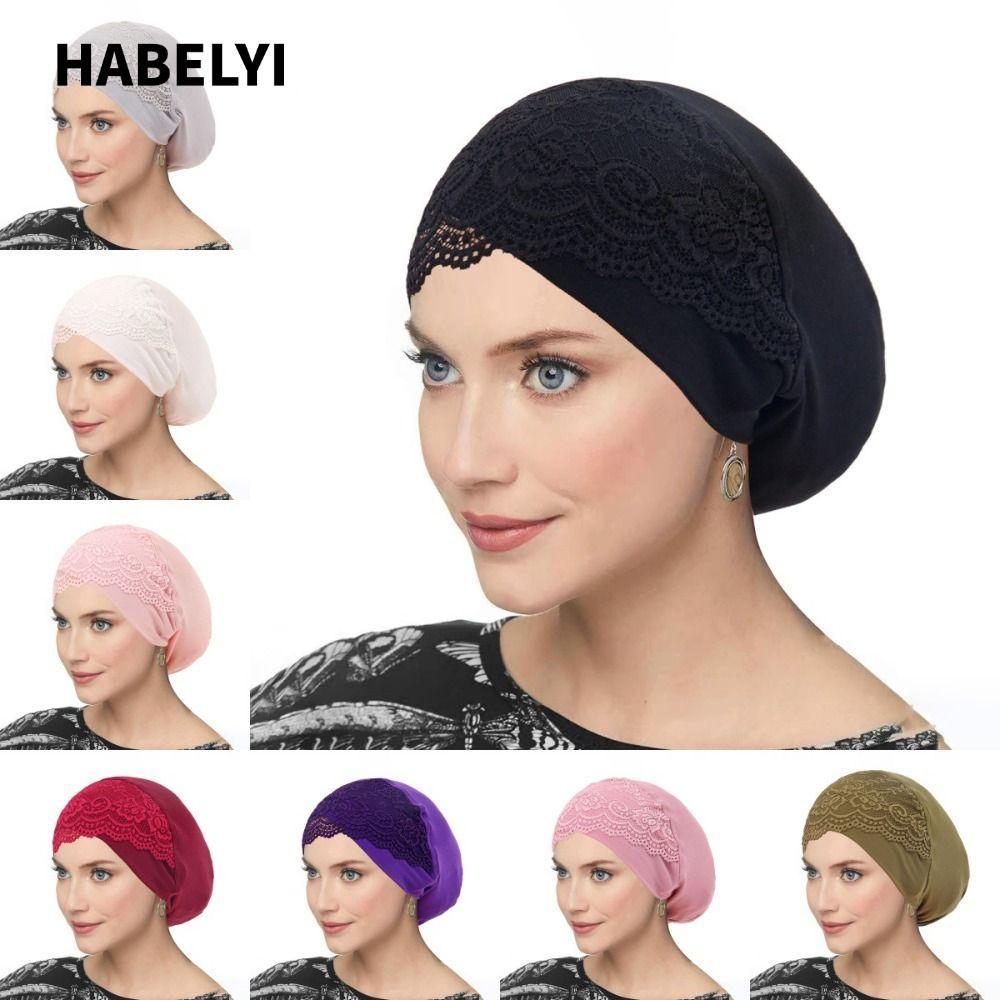 Mũ Hijab ren HABELYI, Mũ trùm đầu Hijab bên trong mềm mại thoáng khí, Mũ ống Hijab co giãn Mũ nón nữ