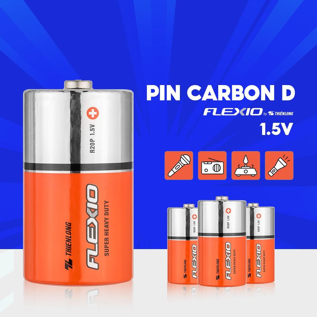 Combo 2 [ Vỉ 2 ] Pin Cacbon đại D Thiên Long Flexio BAC-R20/2