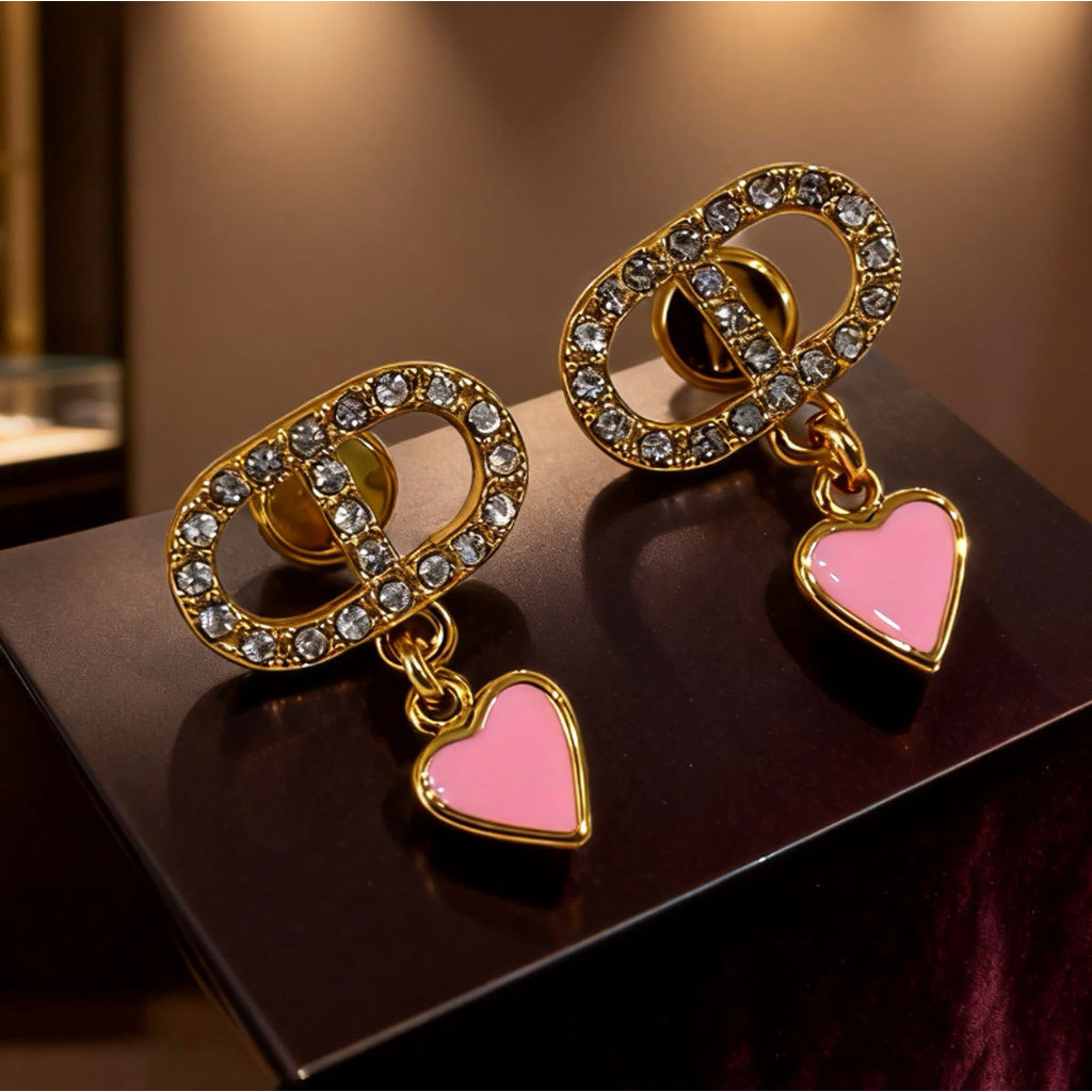 25New letter-shaped pink diamond silver white diamond gold elegant full-diamond earrings, fashionabl