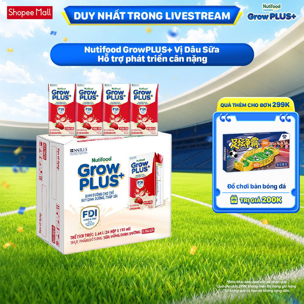 Thùng 24 hộp Sữa bột pha sẵn Nutifood GrowPLUS+ Vị Dâu hộp 110ml - Trên 1 tuổi (24 hộp x 110ml)