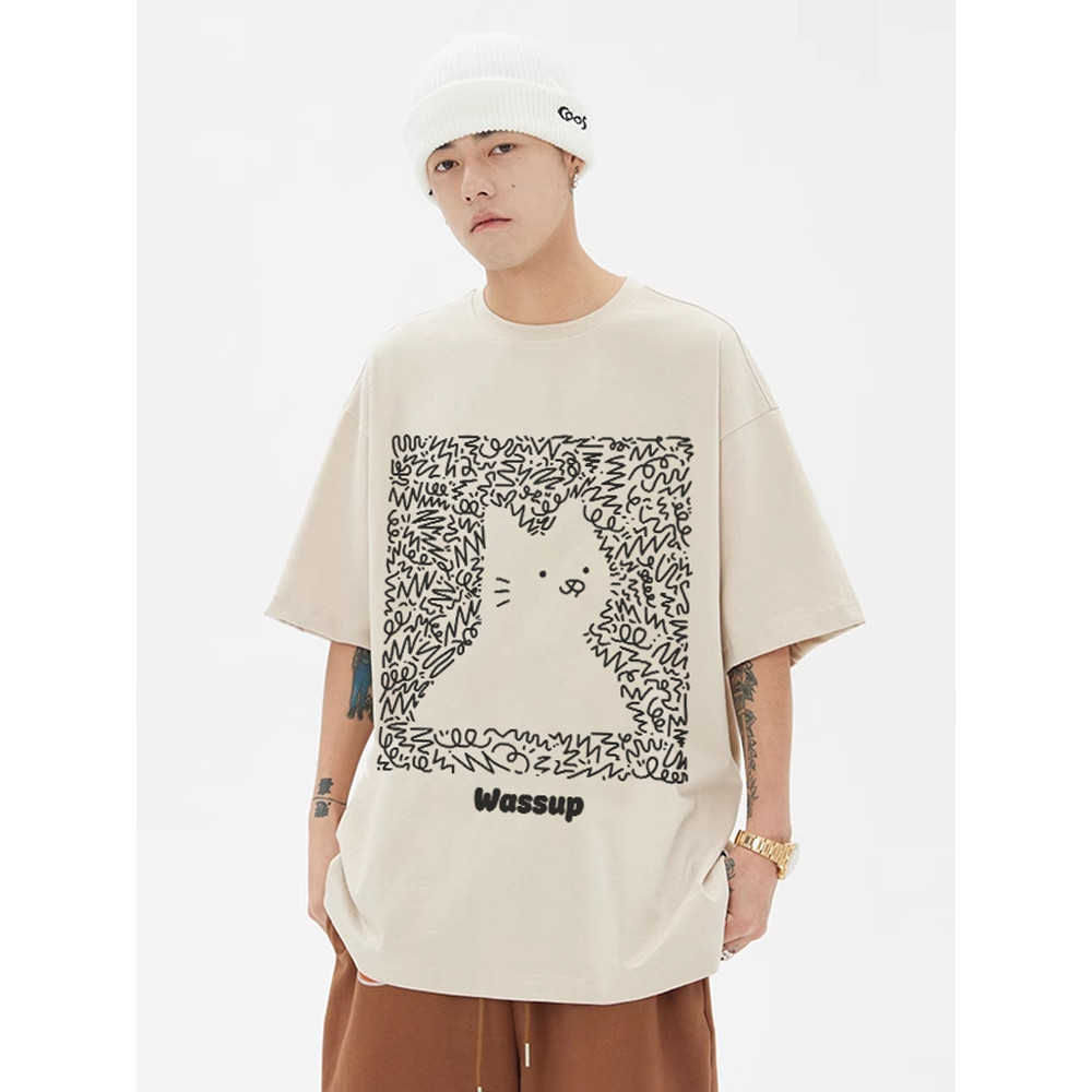 [WASSUP Cat] American White Ink Direct Injection Áo thun ngắn tay nam mùa hè dáng rộng cổ tròn