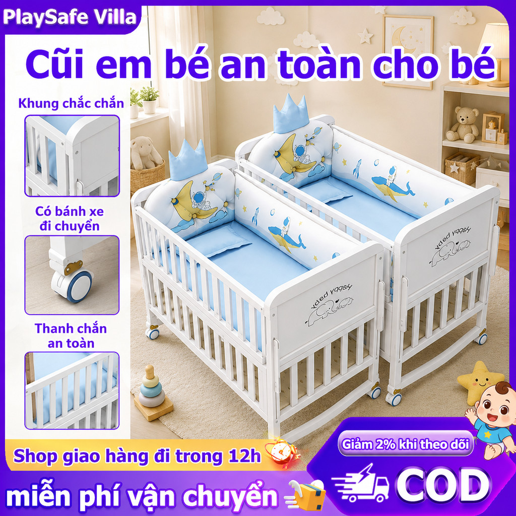 Cũi cho bé,beige 6 chế độ tiện lợi cho mẹ&bé,Đa năng Nôi cũi cho bé tặng kèm đệm và màn