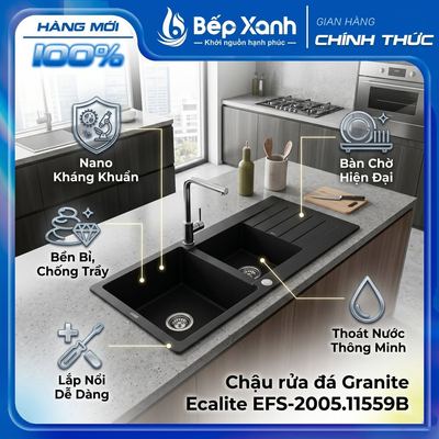 Chậu rửa đá đôi Granite 2A-Series Ecalite EFS-2005.11559B - Lắp nổi - Phủ Nano Kháng Khuẩn - Dài 115cm