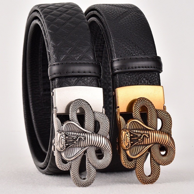 Snake-shaped automatic buckle men's top-grain cowhide embossed belt Vintage-style personalized belt