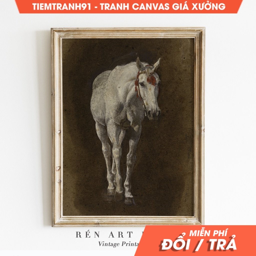 Tranh treo tường, Vintage Horse Painting Equestrian Farmhouse Wall Art Vintage Horse Art White Horse
