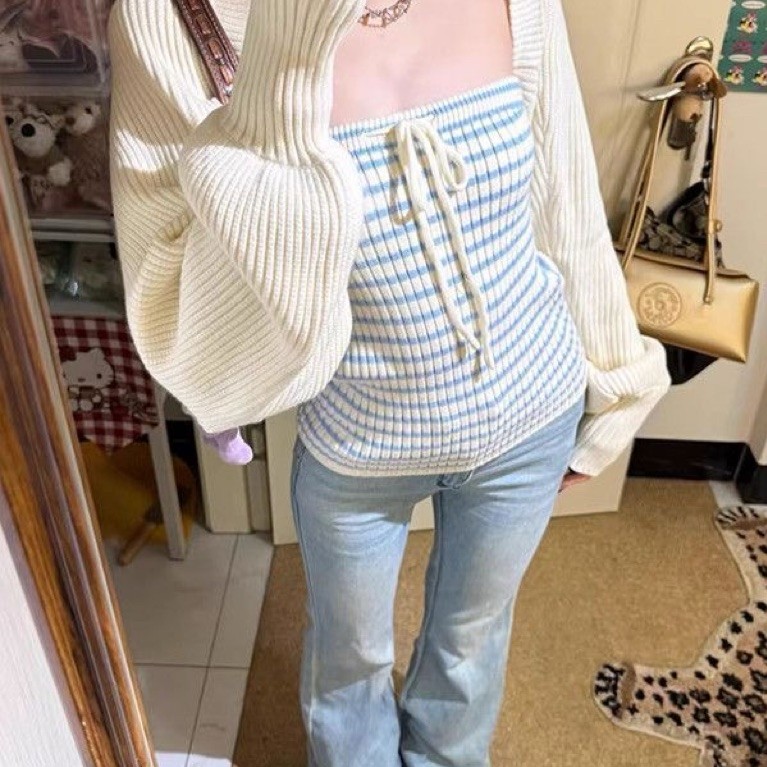 Set áo khoác cardigan dài tay kèm áo quây Quảng Châu 2027 Aline Store