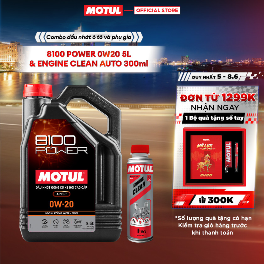 Combo Dầu nhớt xe ô tô MOTUL 8100 POWER 0W20 5L và Phụ gia vệ sinh động cơ xe ô tô - ENGINE CLEAN AU