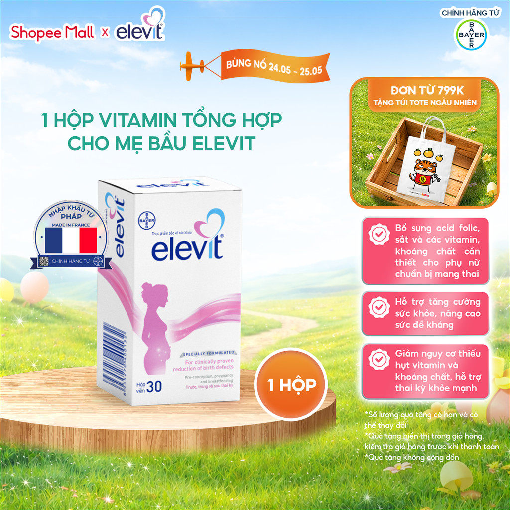 [LS] Thực phẩm bảo vệ sức khỏe Elevit bổ sung Acid Folic, Sắt, Canxi, Các Vitamin và Các khoáng chất