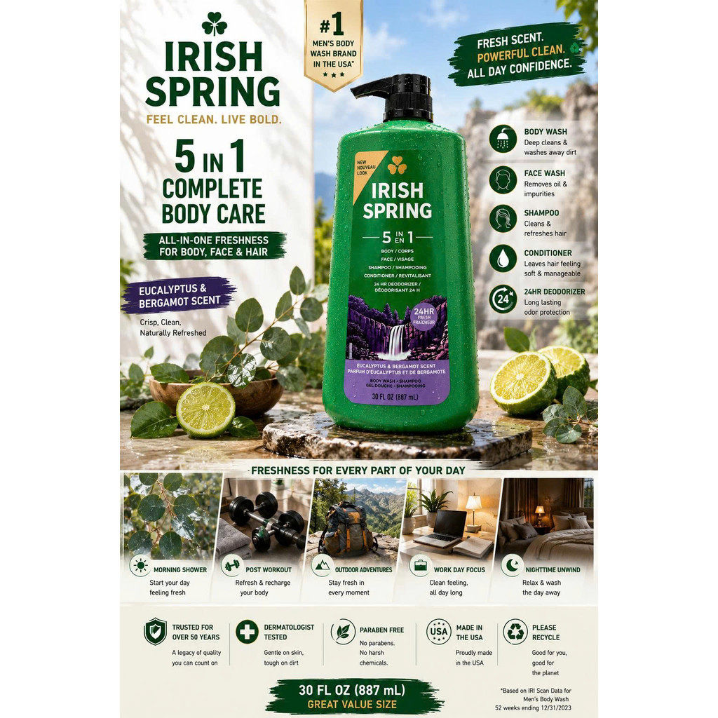 Sữa Tắm Gội Nam Cao Cấp Irish Spring 5 in 1 Mẫu Mới 887ml Chuẩn Mỹ