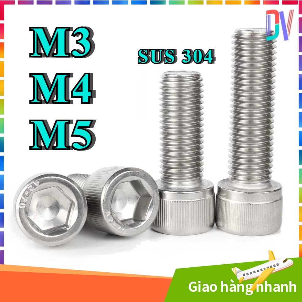 Ốc - Bulong Lục Giác Inox chìm đầu trụ có khía 304 M3 / M4 / M5 có độ dài 4mm-100mm [Dvv]
