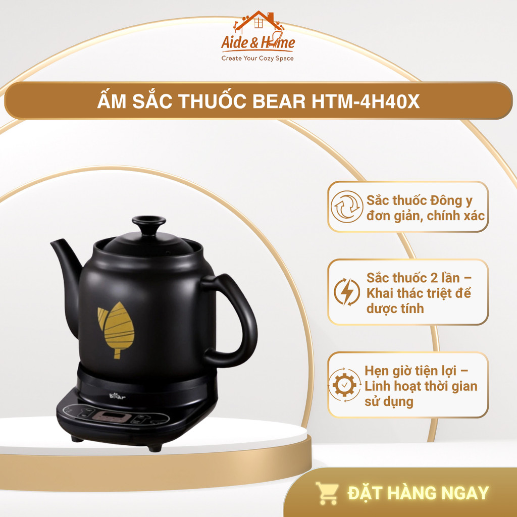 Ấm sắc thuốc Bear HTM-4H40X | Ấm Sắc Thuốc Bắc Gốm Sứ | 4 Lít - Bảo Hành Chính Hãng 18 Tháng