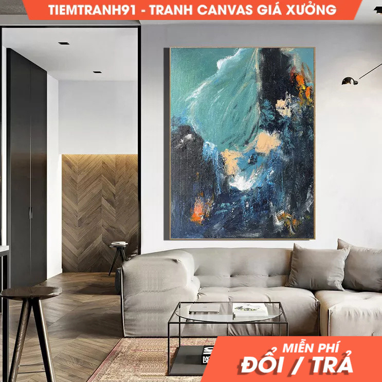 Tranh treo tường, Green Abstract Painting Green Emerald Painting Dark Blue Minimalist Abstract Paint