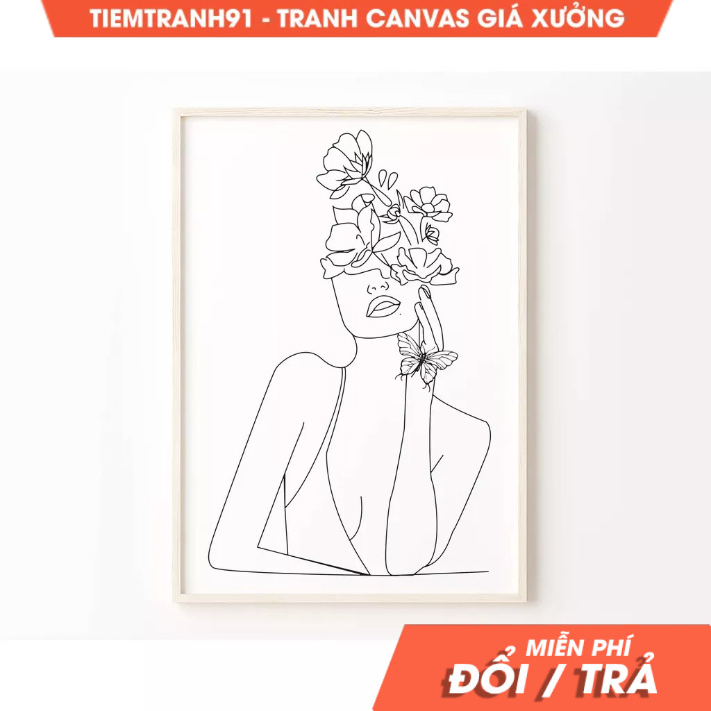 Tranh treo tường, Black and White Wall Art, Single Line Art Woman With Flowers, Female Line Art, Min