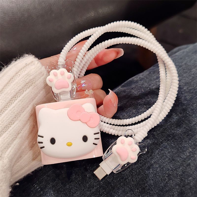 Bộ bảo vệ hộp sạc Hello Kitty dễ thương có bộ bảo vệ cáp cho bộ sạc iP20W / 18W iP14 plus / iP13prom