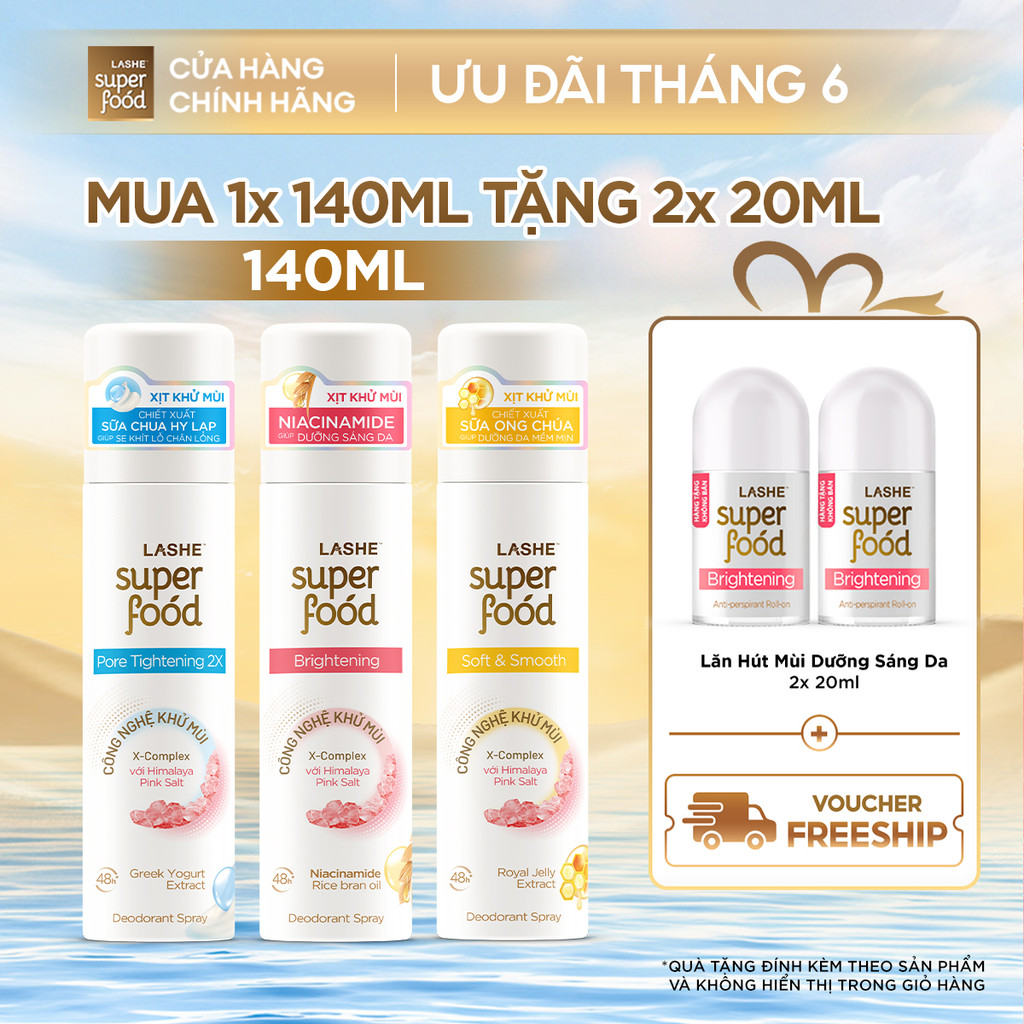 Xịt Khử Mùi LASHE SUPERFOOD Dưỡng Sáng Da/Se Khít Lỗ Chân Lông/Dưỡng Da Mềm Mịn 140ML Tặng  2 Lăn Hú