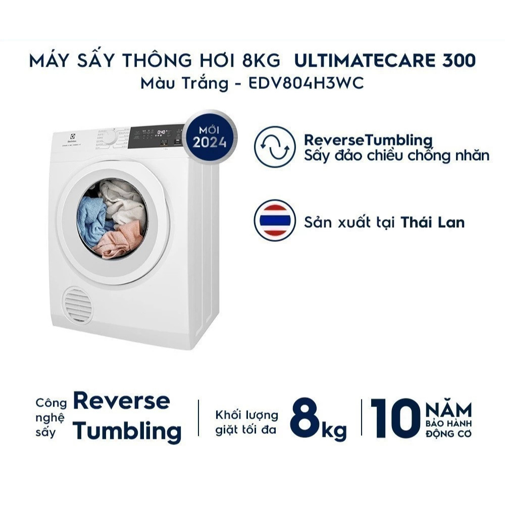 EDV804H3WC - Máy Sấy Quần Áo Thông Hơi Electrolux 8 Kg EDV804H3WC [Toàn Quốc]{GIẢM 10%}