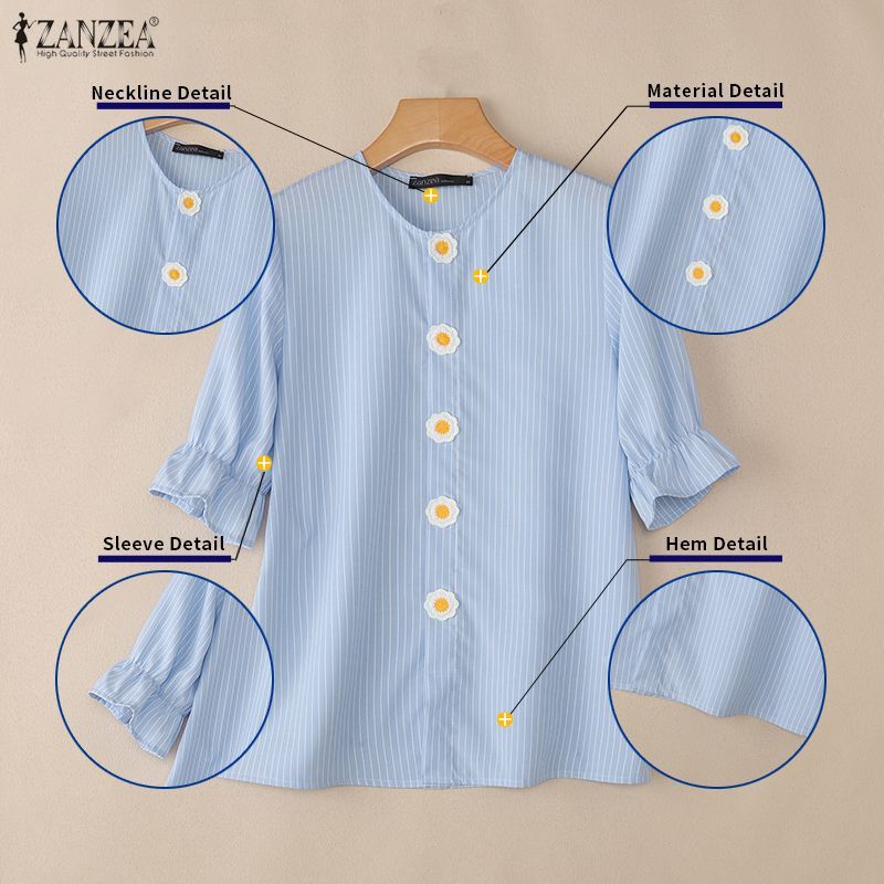 ZANZEA Nữ Hàn Quốc Sọc Màu Trơn 3D Hoa Cổ Tròn Tay Ngắn Rời H-Line Áo | BigBuy360 - bigbuy360.vn