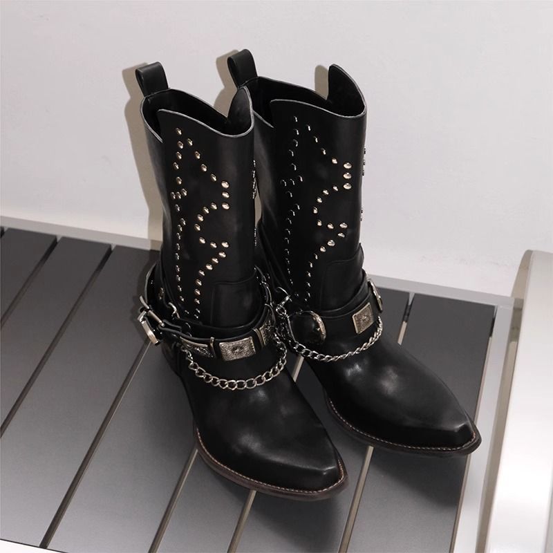 Giày bốt ngắn màu đen nữ v-Mouth Martin Boots Punk Metal Western Cowboy Boots