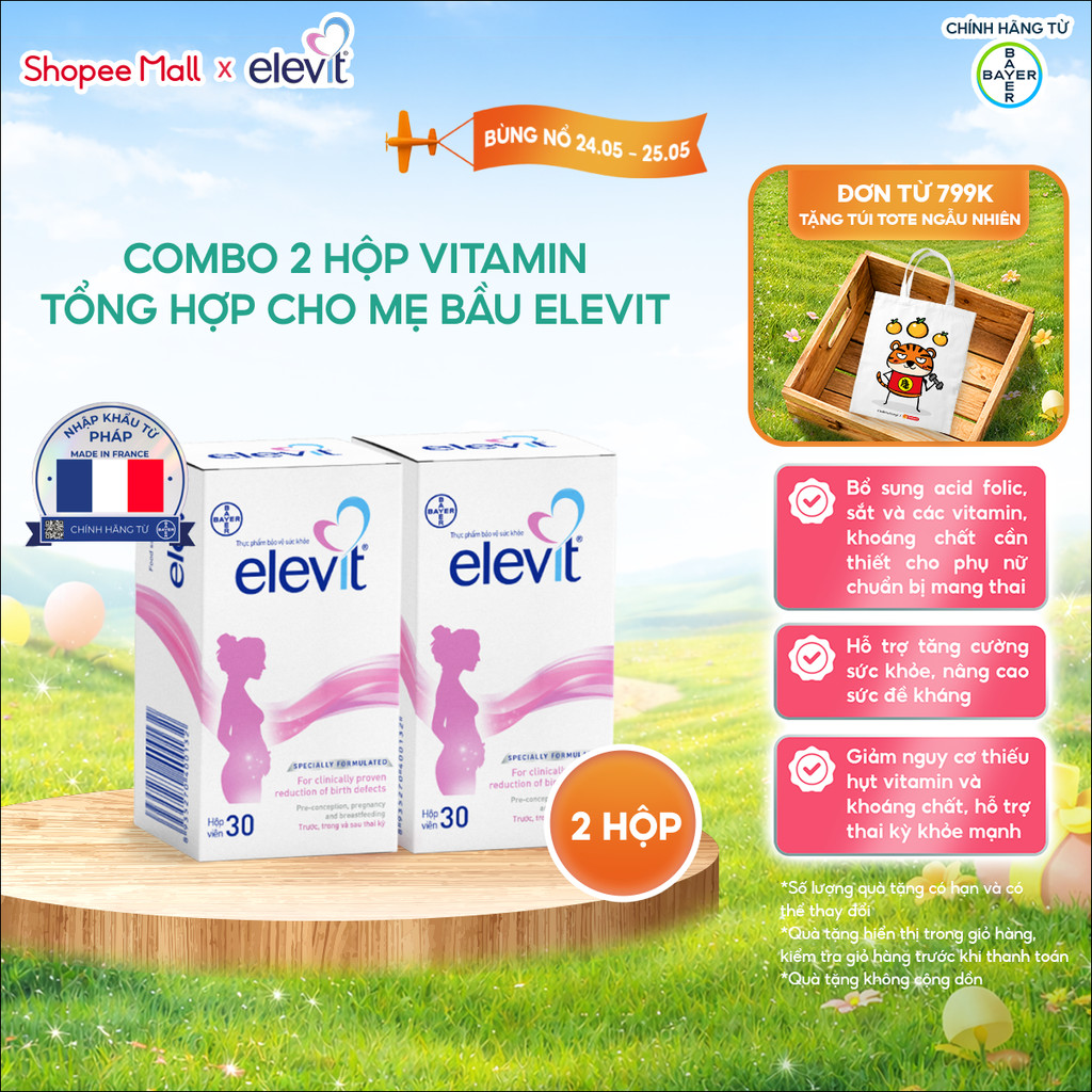 [LS deal] Combo 2 Thực phẩm bảo vệ sức khỏe Elevit bổ sung Acid Folic, Sắt, Canxi, Các Vitamin và Cá