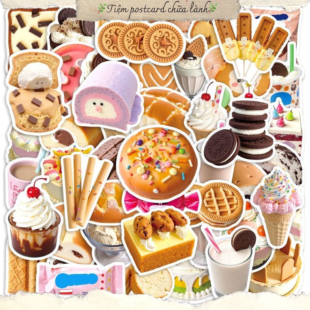 Set 5/10/20/50 cái sticker chống nước SWEET BAKERY DESSERT BÁNH KEM BÁNH OREO BÁNH SINH NHẬT dán mũ 
