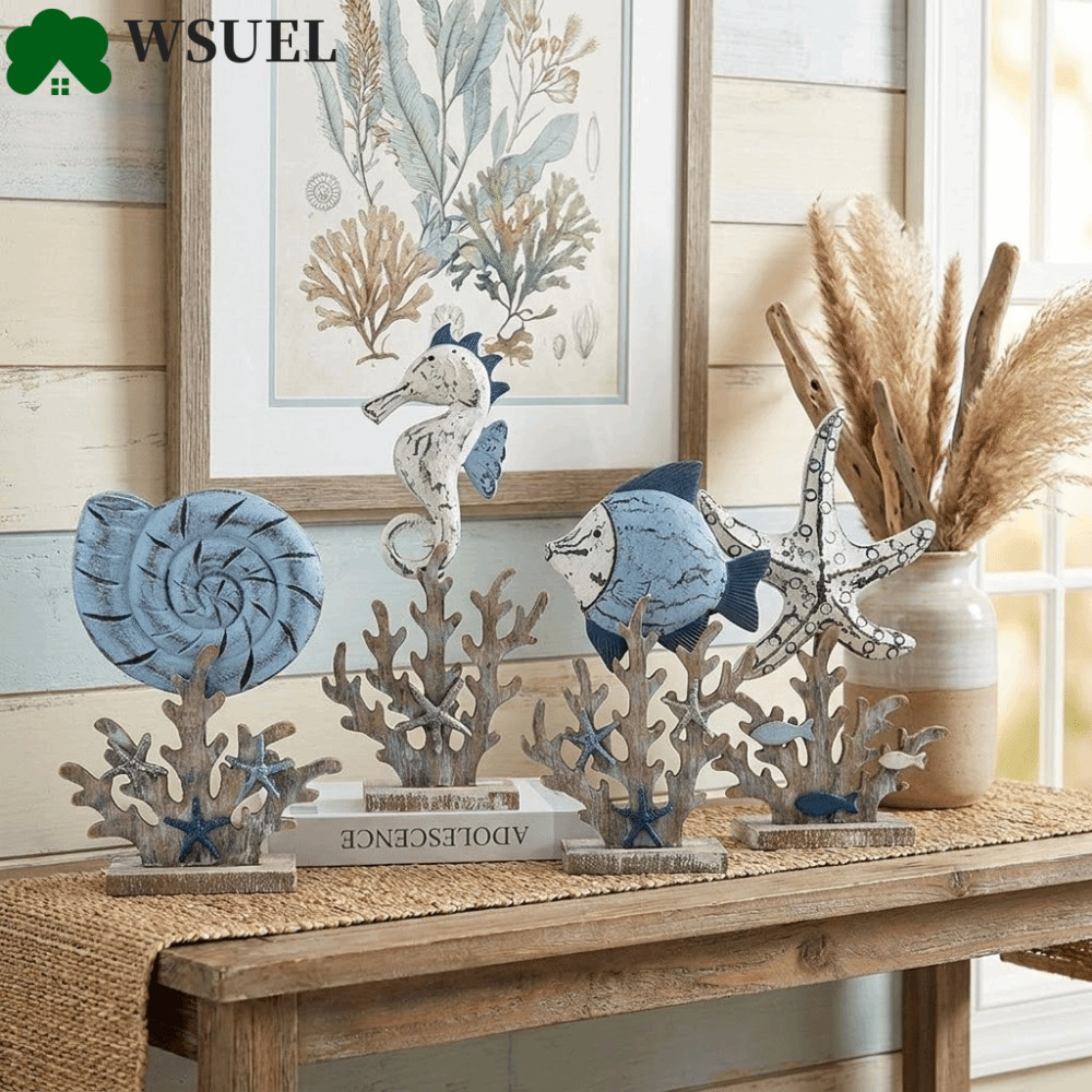 WSUEL Cá Ngựa Tượng, Cá Nhỏ Handmade Bằng Gỗ Đại Dương Động Vật Tượng, Độc Đáo Vintage Vỏ Gỗ Kệ Sách