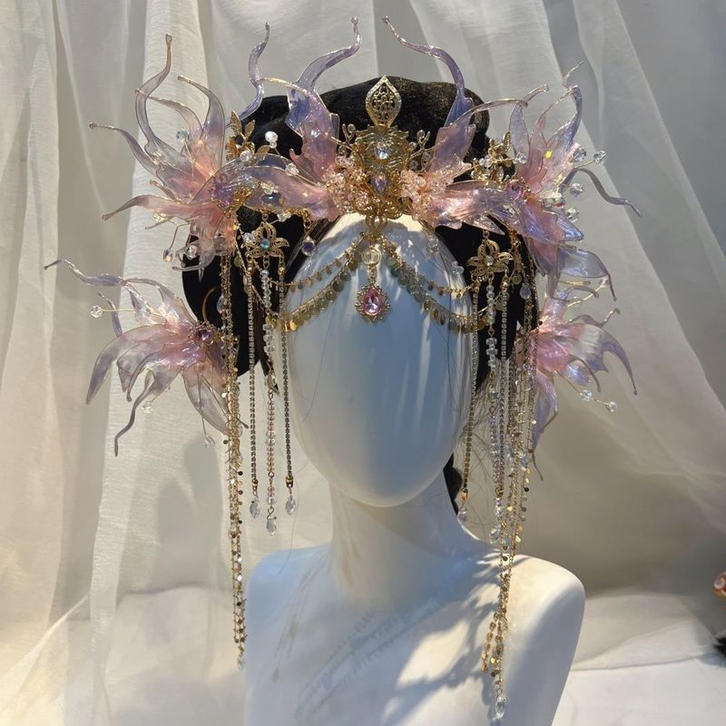 Muchunfeng Antique Hanfu Super Fairy Pink Hair Crown Ear Hook Set