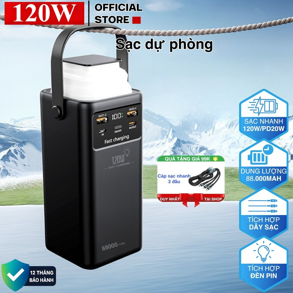 Sạc dự phòng 80000mAh 50000mAh sạc nhanh 120W có đèn pin dung lượng lớn LED đèn