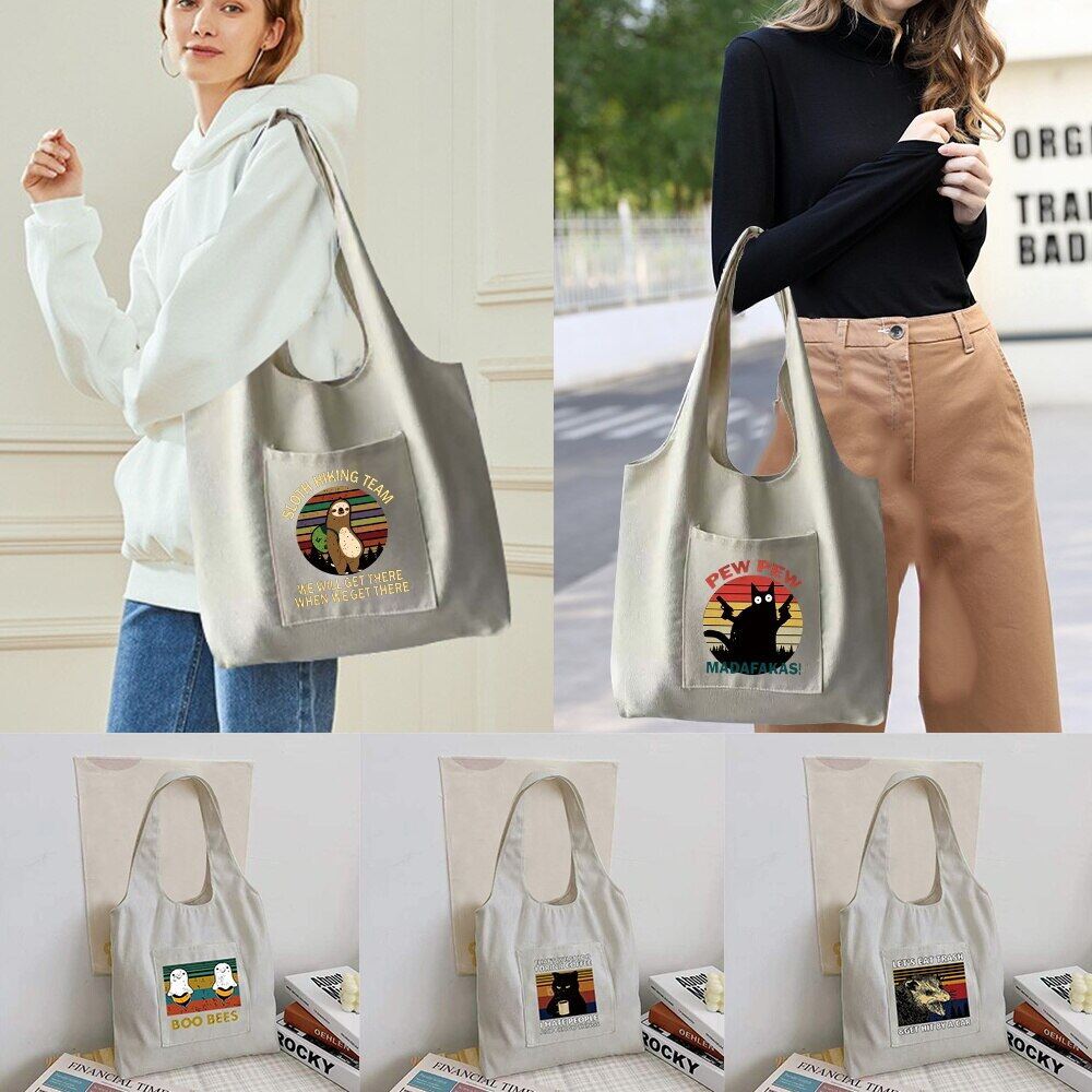 Women Shopper Organizer Bag Canvas Tote Bag Fashion Pew Print Supermarket Tote Shopping Bag Casual h