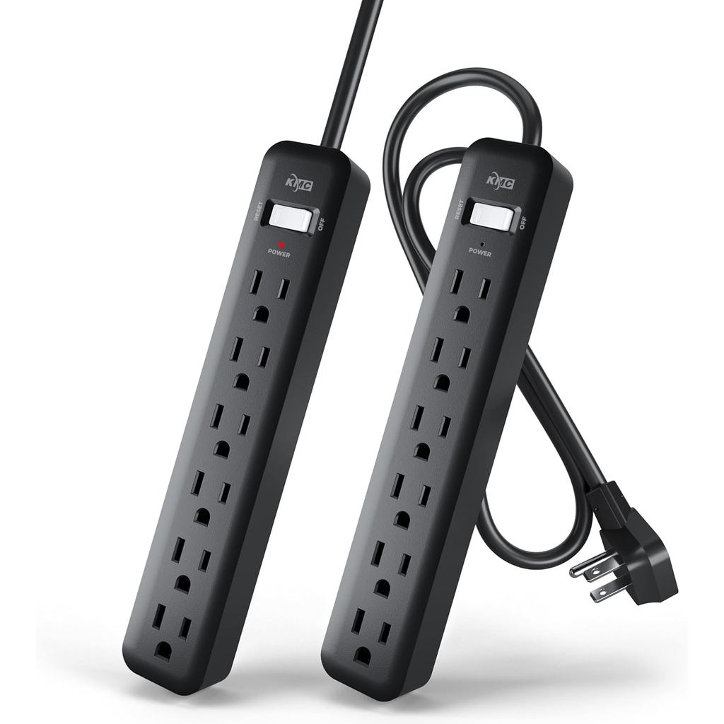 Dải nguồn 6 đầu ra KMC, 2 gói, Dải nguồn màu đen, Dây nối dài ngắn 2ft với nhiều ổ cắm, 6 dải ổ cắm 
