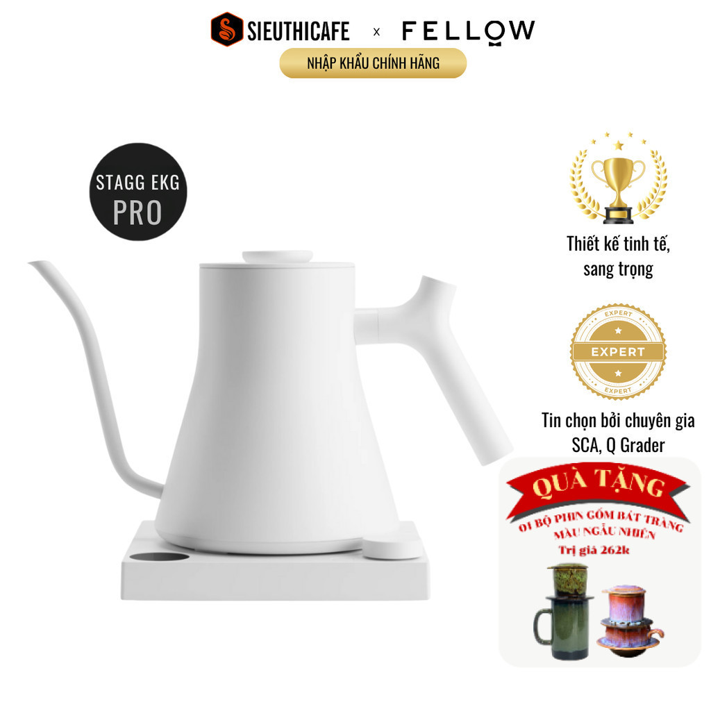 Ấm Rót Nước Điện Fellow Stagg PRO EKG 0.9L | Đun Sôi Tức Thời | Màu Matte White | Hàng Chính Hãng