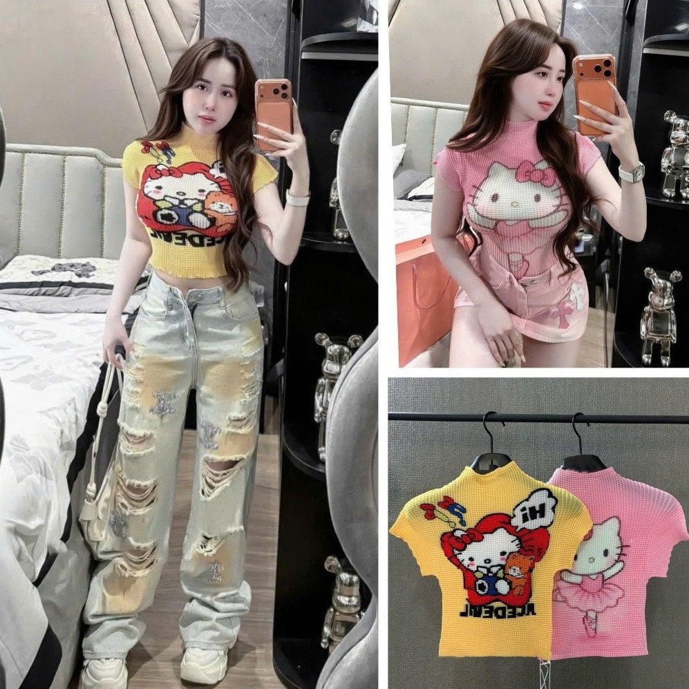 [Follow shop nhận mã 10k] Áo thun dệt họa tiết kitty cổ cao Meo Meo Shop AP1027