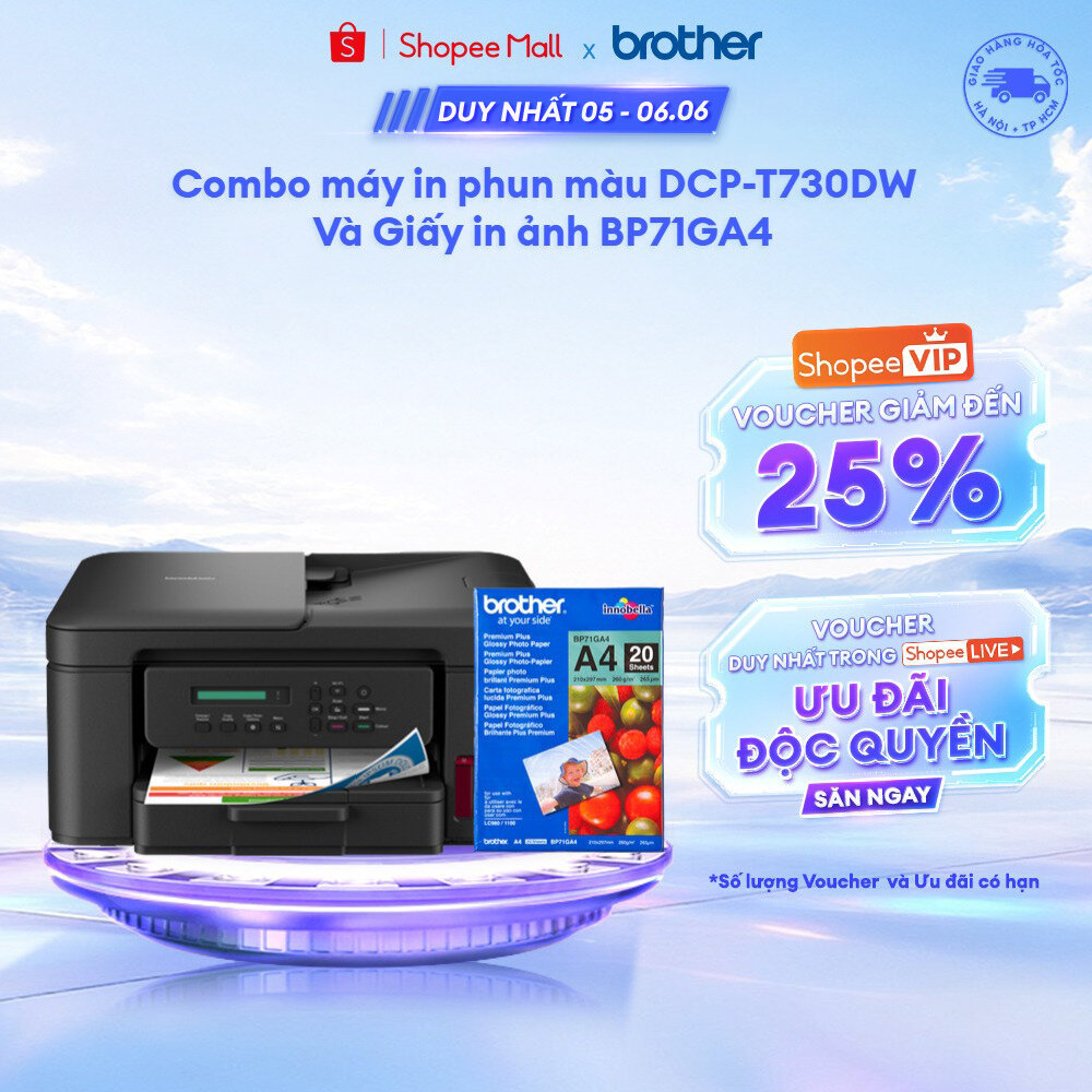 Combo máy in phun màu đa năng Brother DCP-T730DW + Giấy in ảnh BP71GA4