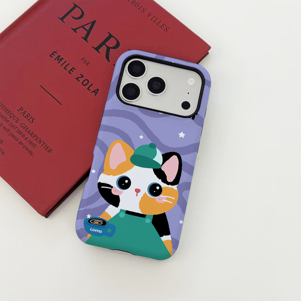 Purple Coffee Cat Classic 2 trong 1 nối trên và dưới mờ cho iPhone17 Pro Max iPhone16 Pro Max iPhone