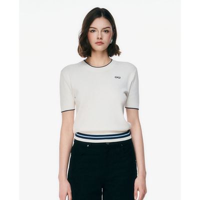 GIGI - Áo dệt kim nữ cổ tròn tay ngắn phối viền_G1305K261711-00