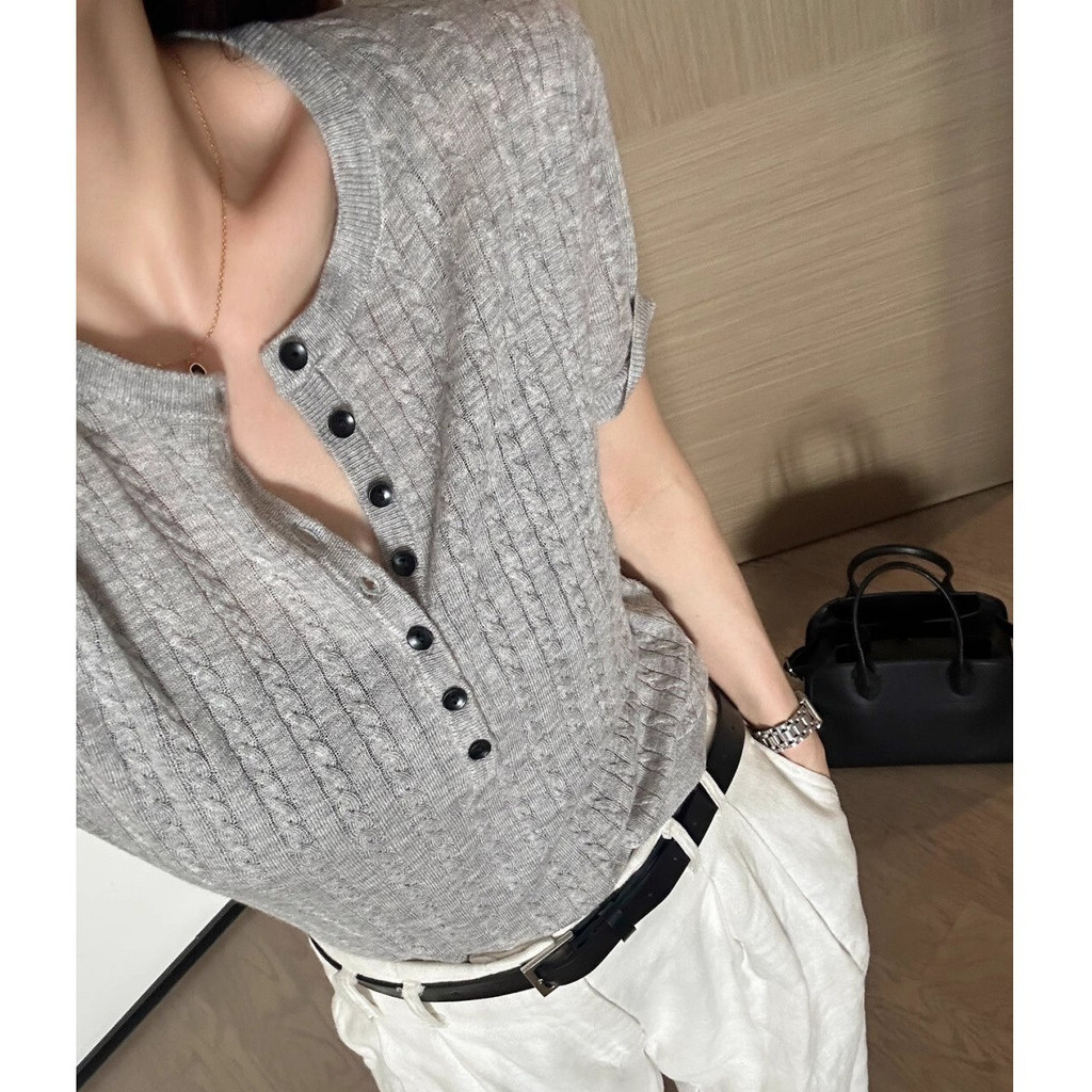 Vintage Cable Knit Henley Collar Short Sleeve Knit Shirt T Women's summer slim-fit shirt V Elegant g