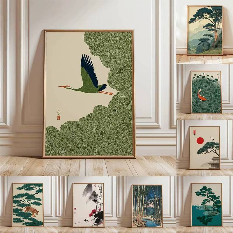 Nhật Bản Ukiyo-e Crane Cá Koi Tường Nghệ Thuật Bộ Vintage Thiên Nhiên Canvas Nghệ Thuật Chống Thấm N