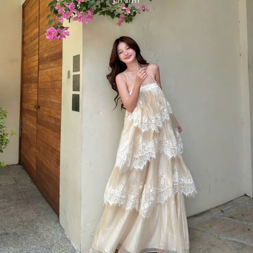 Đầm Dài Ilaria - Váy maxi tơ phối ren nhiều tầng, chất liệu ren tơ cao cấp - 𝑪𝑯𝑨𝑼 𝑯𝒀 𝑫𝒆𝒔𝒊𝒈𝒏