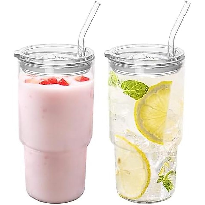 Glass Tumbler with Lid and Straw, Borosilicate Glass Iced Coffee Cup Smoothie Cups 24 oz/750ml for H