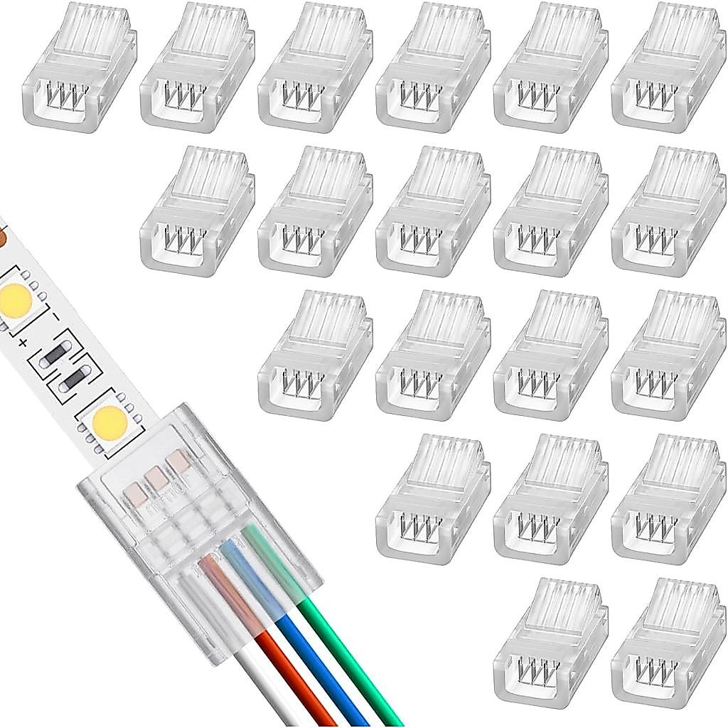 20 Gói Đầu Nối Dải LED 4 Pin 8 mm, Bộ Chuyển Đổi Đèn RGB Không Hàn Trong Suốt Theo Dõi Kết Nối Chiếu