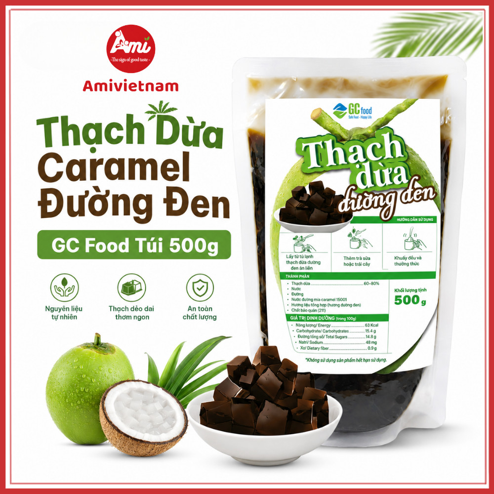 Thạch Dừa Caramel Đường Đen GC Food Túi 500g - Thạch Dừa Dẻo Dai, Thơm Ngon