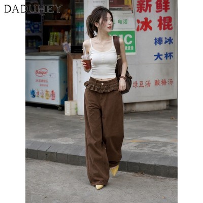 DaDuHey 2026 Vintage Rad Stitching Plaid Lace-up Jeans Spring High Waist Design Loose Straight Trousers
