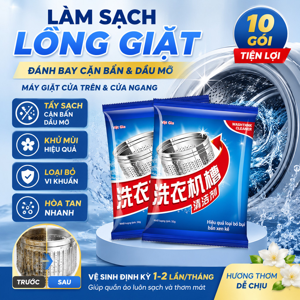 Bột Vệ Sinh Lồng Giặt 10 Gói, Tẩy Sạch Cặn Bẩn Dầu Mỡ, Khử Mùi Cho Máy Giặt Cửa Trên Cửa Ngang