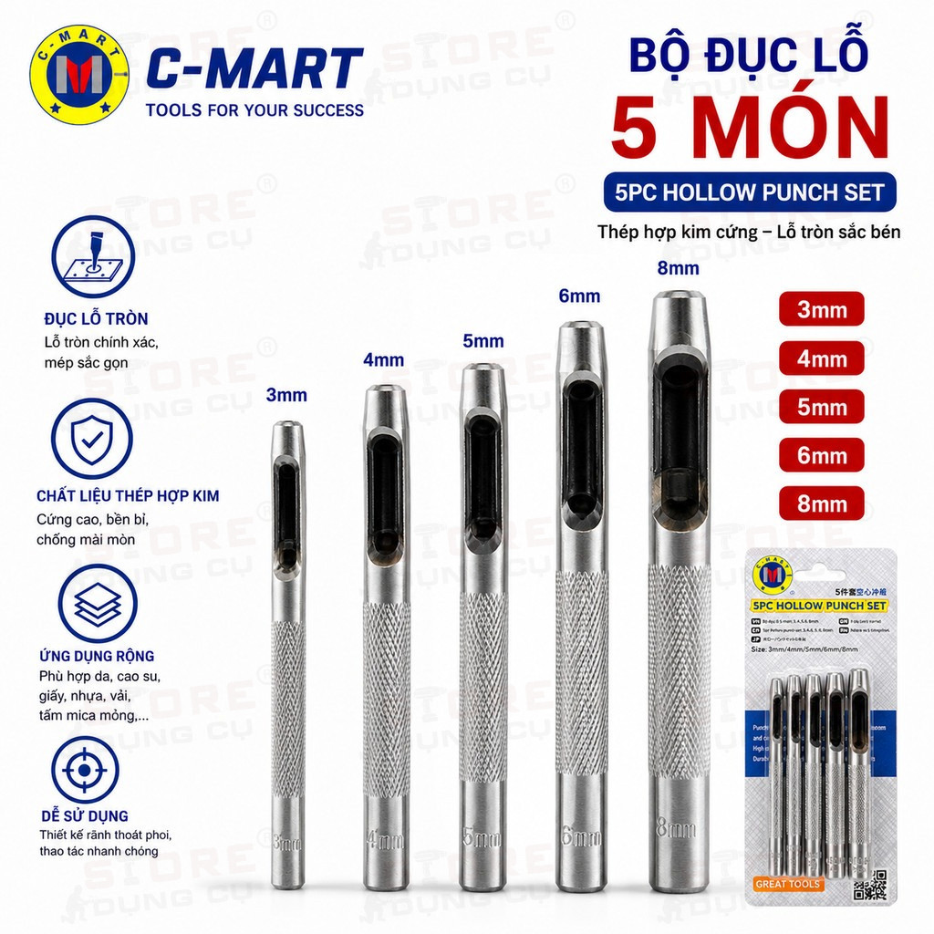 Bộ đục lỗ chuyên dụng C-MART A0137 5 cây đục lỗ tròn trên da, đột lỗ thắt lưng, vải, ron cao su đột lỗ gioăng cao su