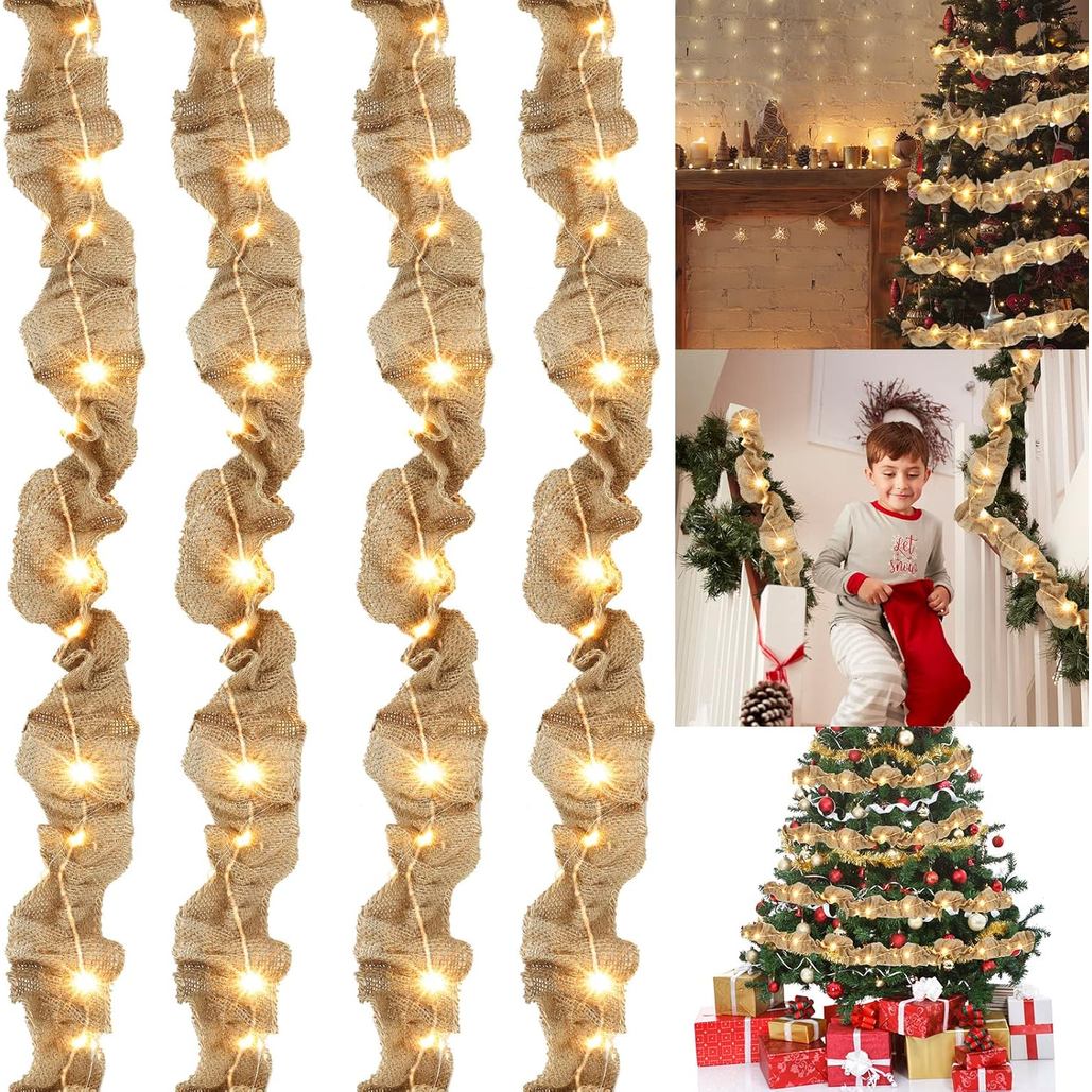 Honoson 3 Cuộn Vải Bố Ruy Băng Vòng Hoa Trang Trí Cây Giáng Sinh Có Đèn Kẻ Sọc Vải Bố Ruy Băng Vòng 