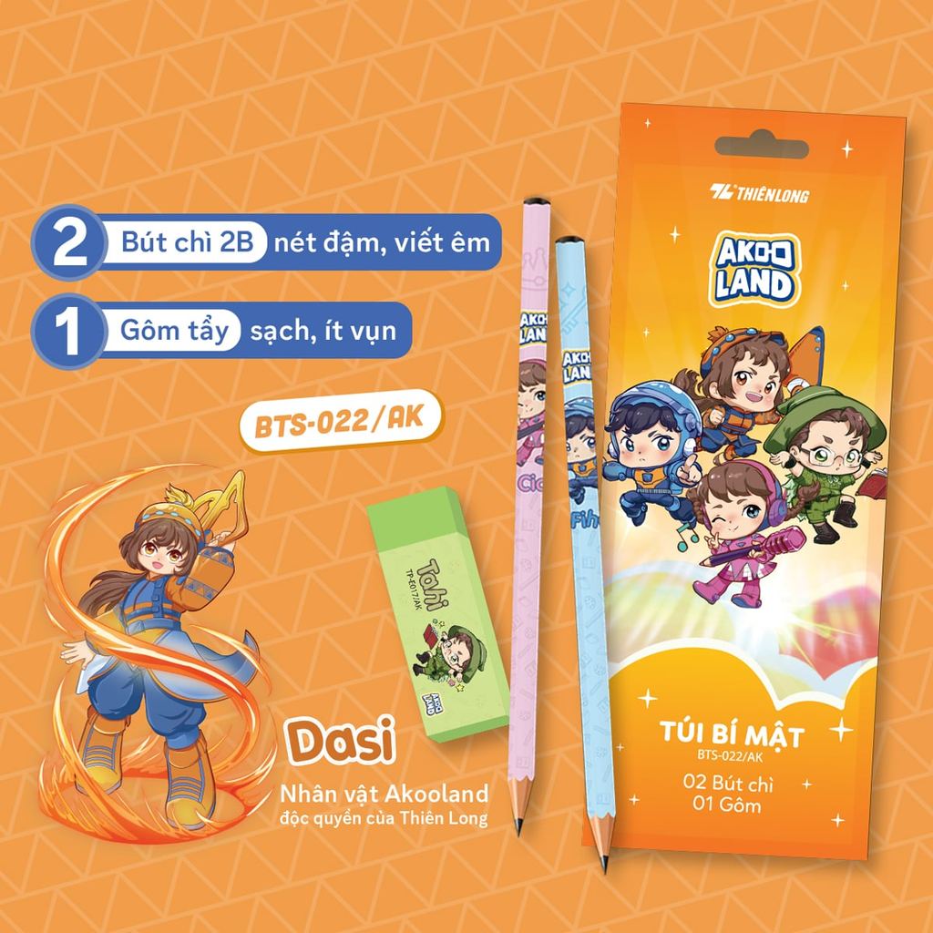 Bộ 2 bút chì và gôm Thiên Long BTS-022/AK - Nhân vật Akooland thế giới học cụ thần kỳ - Mẫu ngẫu nhi