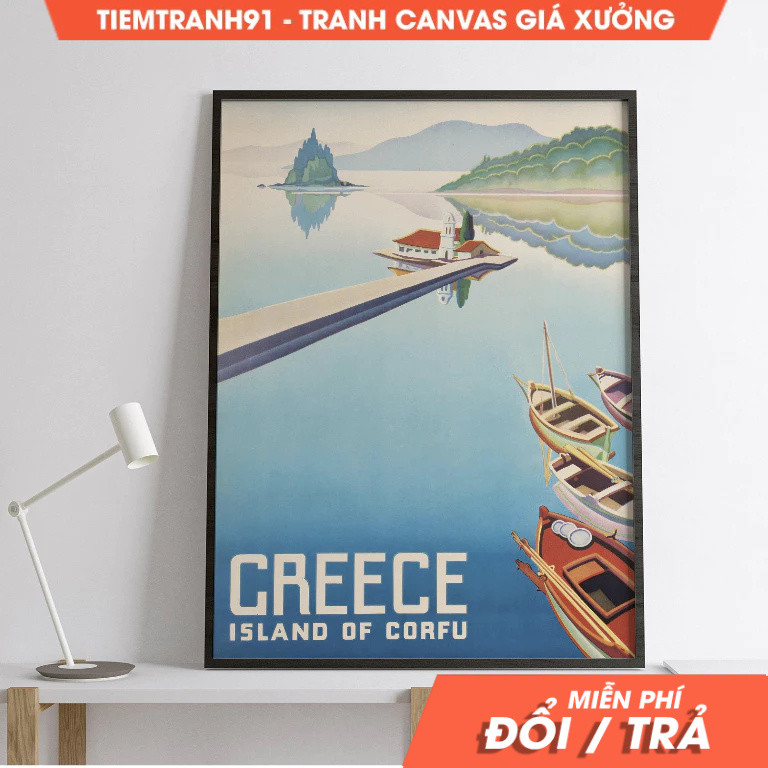 Tranh treo tường, Gorgeous Vintage Travel Greece Poster featuring Islands of Corfu - Captivating Art